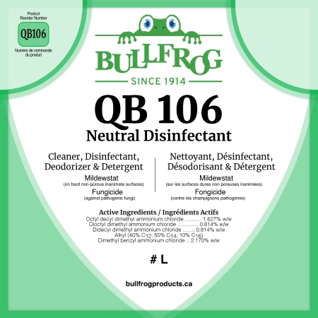 QB 106 Neutral Disinfectant Front Label image and 1L squeeze bottle image
